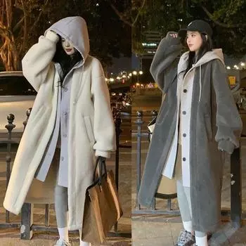 Осенне-зимнее женское универсальное свободное шерстяное пальто с капюшоном из искусственной овечьей шерсти M белый