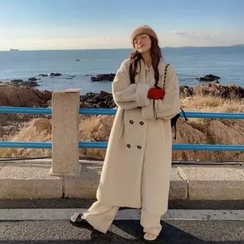 Осенне-зимнее женское утолщенное длинное пальто с воротником из искусственного меха S абрикосовый