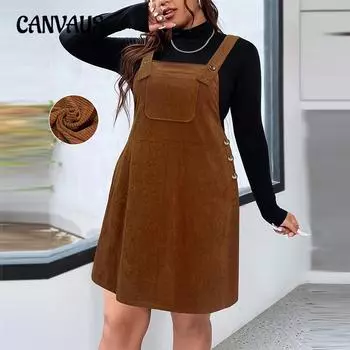 Осенне-зимнее женское вельветовое платье больших размеров, платье средней длины на бретелях 1XL коричневый