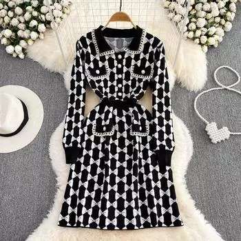 Осенне-зимнее женское винтажное клетчатое вязаное платье-свитер с отложным воротником, мини-короткий трикотаж One Size чёрный