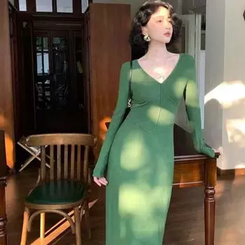 Осенне-зимнее женское винтажное плиссированное длинное трикотажное платье с V-образным вырезом XS зелёный