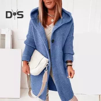 Осенне-зимнее женское вязаное пальто средней длины с капюшоном и длинным рукавом, однотонный свободный свитер, верхняя одежда, уличная одежда S трава зеленый