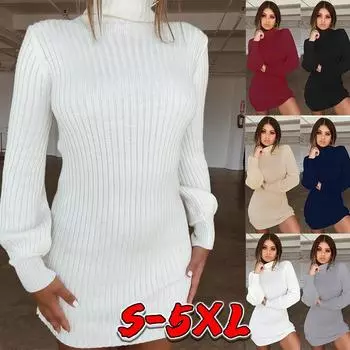 Осенне-зимнее женское вязаное платье-свитер с длинными рукавами, модное теплое облегающее платье с высоким воротником 2XL серый