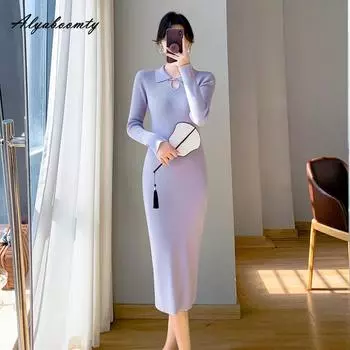 Осенне-зимнее женское вязаное платье трапециевидной формы с отложным воротником, ажурное облегающее платье, элегантное женское трикотажное абрикосовое черно-фиолетовое платье One Size абрикосовый