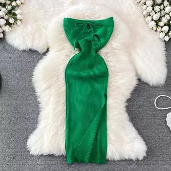 Осенне-зимнее женственное топ без бретелек без бретелек с высокой талией, ажурное облегающее вязаное платье на бедрах для девочек на осень и зиму One Size чёрный