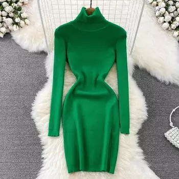 Осенне-зимнее женственное трикотажное эластичное облегающее платье с разрезом и высоким воротом на бедре One Size чёрный