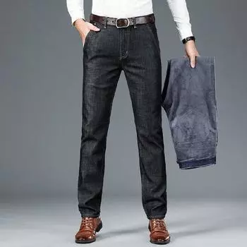 Осенне-зимние эластичные свободные прямые джинсы с высокой талией и подкладкой, мужские модные джинсы 42 темно-синий