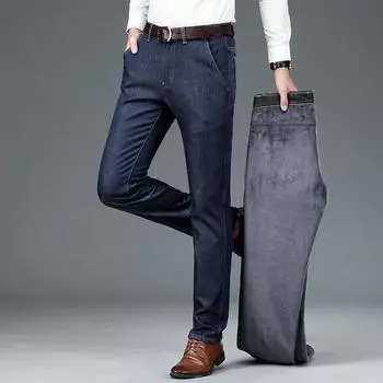 Осенне-зимние эластичные свободные прямые джинсы с высокой талией и подкладкой, мужские модные джинсы 28 чёрный