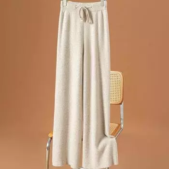 Осенне-зимние элегантные шерстяные широкие брюки женские с высокой талией свободные утолщенные повседневные брюки для уборки корейские повседневные трикотажные длинные брюки S серый