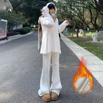 Осенне-зимние американские облегающие удлиненные спортивные штаны для йоги с высокой талией и флисом/обычные микро-клеш повседневные брюки для женщин XS белый