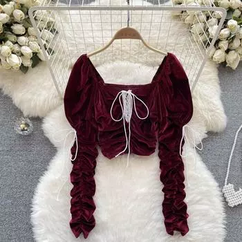 Осенне-зимние бархатные нишевые топы с завязками на шнуровке и рюшами на одно плечо с квадратным вырезом и тонкими рукавами-пузырьками