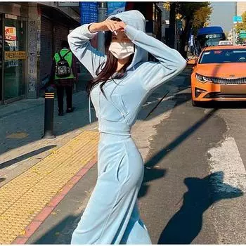 Осенне-зимние бархатные однотонные спортивные комплекты для женщин в корейском стиле, модные укороченные толстовки с капюшоном на молнии, повседневные брюки с высокой талией, теплый спортивный комплект M синий