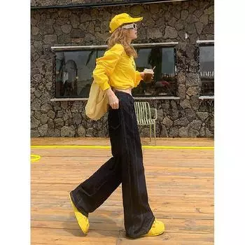 Осенне-зимние бархатные утолщенные/обычные драпированные ретро-джинсы с широкими штанинами, новые прямые брюки с высокой талией XS темно-синий