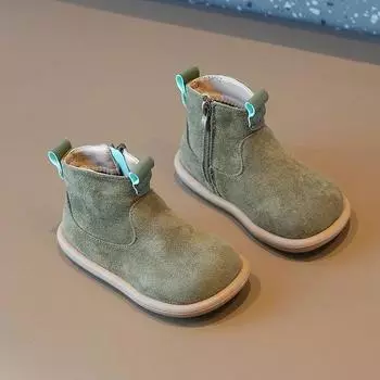 Осенне-зимние ботинки для маленьких мальчиков и девочек, оксфорды, замшевая детская повседневная обувь, уличная нескользящая обувь для младенцев, плюшевые детские ботильоны 25 зелёный