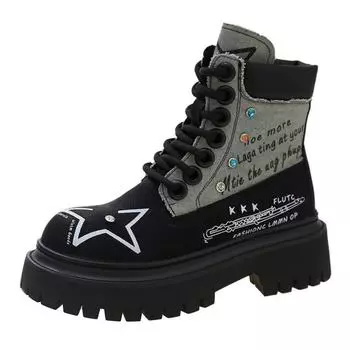 Осенне-зимние ботинки на платформе для женщин, модная повседневная обувь в стиле ретро, новые дизайнерские туфли, женские, с цветовым сочетанием, с заклепками, на щиколотке, Botines Mujer 35 чёрный