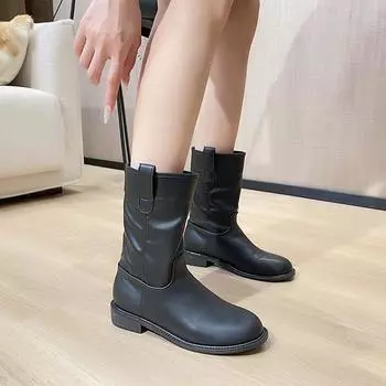 Осенне-зимние ботинки особого интереса в стиле вестерн-ковбой, британский стиль, ретро, длина до середины икры, женские ботильоны на толстом каблуке 35 чёрный