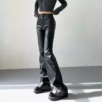 Осенне-зимние брюки из искусственной кожи для женщин с высокой талией, узкие повседневные расклешенные брюки черного цвета, модная уличная одежда S чёрный