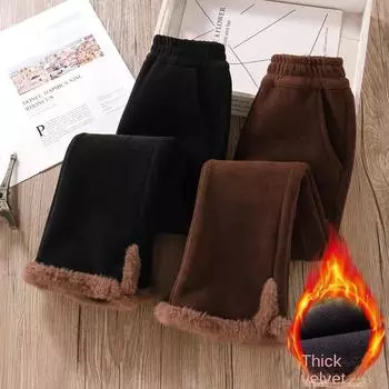 Осенне-зимние брюки-клеш для девочек из бархата, эластичные по талии, повседневные теплые брюки для девочек-подростков 160 чёрный