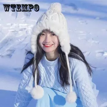 Осенне-зимние черно-белые шерстяные шапки, женская корейская версия, милая шапка-туннель с шариками для волос и бархатная теплая тканая шапка с кроликом