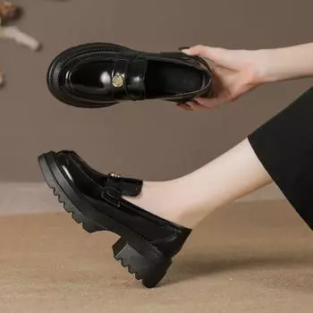 Осенне-зимние черные французские туфли на толстой подошве из кожи, женские мокасины 34 чёрный