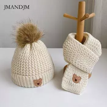 Осенне-зимние детские шапки, шарфы и перчатки, комплект из трех предметов, зимние термобелье из плюша для мужчин и женщин, детские шапки из шерсти медведя