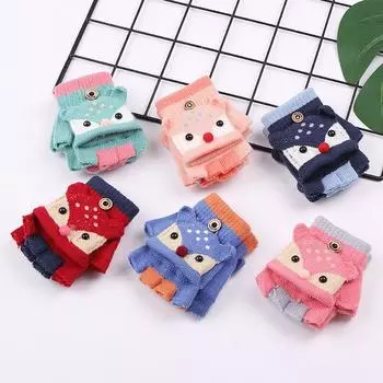 Осенне-зимние детские теплые флип-перчатки с половиной пальца, милые вязаные перчатки с героями мультфильмов для мальчиков и девочек, детские перчатки, варежки для детей 3-6 лет