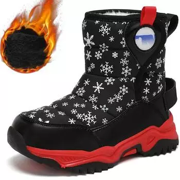 Осенне-зимние детские зимние ботинки длинные пушистые теплые волчьи зубы нескользящие износостойкие детские нескользящие водонепроницаемые уличные зимние спортивные ботинки 26 красный/чёрный