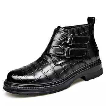 Осенне-зимние дизайнерские ботильоны с пряжкой для мужчин, кожаные туфли с каменным узором, мужская мода, повседневные ботинки челси в британском стиле 38