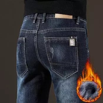 Осенне-зимние джинсовые мужские джинсы с высокой талией, свободные прямые эластичные кашемировые тонкие деловые повседневные джинсы, длинные брюки 28