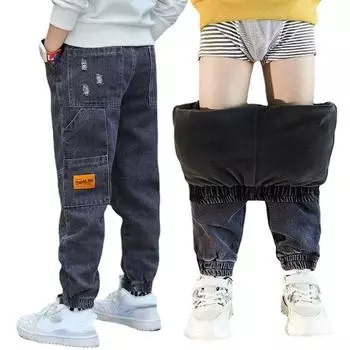 Осенне-зимние джинсы для мальчиков 4–13 лет, детские джинсы, брюки, джинсы для маленьких мальчиков, детские бархатные брюки 110 серый