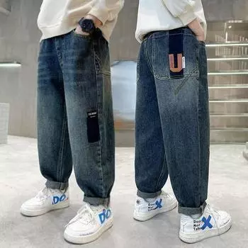 Осенне-зимние джинсы для мальчиков, брюки для маленьких мальчиков, детские джинсы плюс бархат 140cm синий