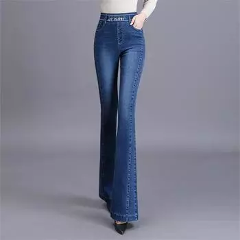 Осенне-зимние джинсы, винтажная уличная одежда, утепленные, эластичные, с высокой талией, тонкие женские джинсовые брюки, расклешенные брюки, женские брюки S