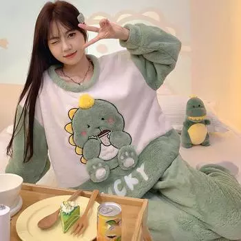 Осенне-зимние фланелевые домашние комплекты для женщин с милым принтом овец, домашняя одежда принцессы с круглым вырезом и длинным рукавом, женские, зеленые, фиолетовые M