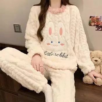 Осенне-зимние фланелевые теплые женские пижамные комплекты с круглым вырезом и длинными рукавами, женский комплект из двух предметов, милая пижама с принтом кролика, женская пижама M