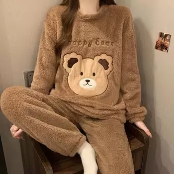 Осенне-зимние фланелевые теплые женские пижамные комплекты с круглым вырезом и длинными рукавами, женский комплект из двух предметов, милый пижамный костюм с принтом медведя M