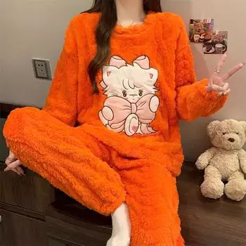 Осенне-зимние фланелевые теплые женские пижамные комплекты с круглым вырезом и длинными рукавами, женский комплект из двух предметов, милый пижамный комплект с принтом из мультфильмов, женская пижама, комплект домашней одежды M
