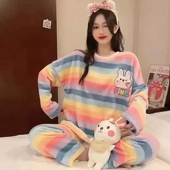 Осенне-зимние фланелевые теплые женские пижамные комплекты с длинным рукавом, женская одежда для сна с радужными полосками, комплект из двух предметов, пижама из кораллового бархата, домашняя одежда M белый