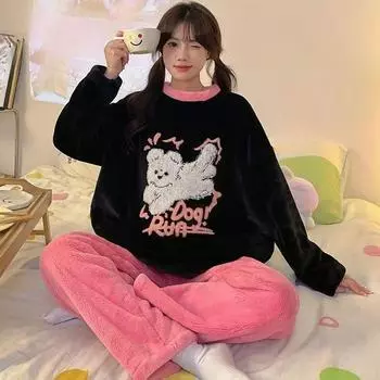 Осенне-зимние фланелевые теплые женские пижамные комплекты с длинным рукавом, женская пижама с рисунком из мультфильма, комплект из двух частей, пижама из кораллового бархата, милый комплект домашней одежды для девочек M
