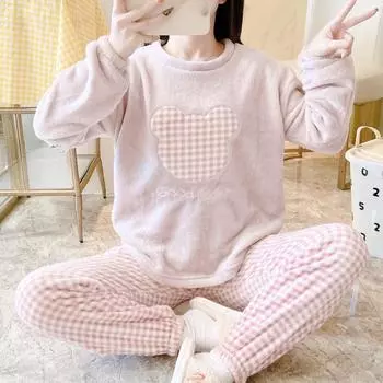 Осенне-зимние фланелевые теплые женские пижамные комплекты с круглым вырезом и длинными рукавами, женский комплект из двух предметов, симпатичный мультяшный принт, розовая пижама, коралловый бархат, женская пижама M