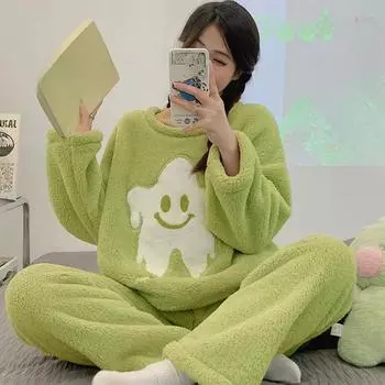 Осенне-зимние фланелевые теплые женские пижамные комплекты с длинными рукавами, женская пижама, комплект из двух предметов, симпатичный мультяшный принт, зеленая пижама, коралловый бархат, женская пижама M белый