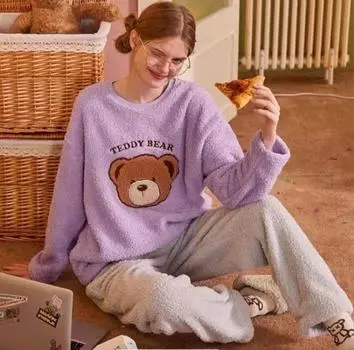 Осенне-зимние фланелевые теплые женские пижамные комплекты с длинным рукавом, женская одежда для сна, милый мультяшный принт, комплект из двух предметов, пижама из кораллового бархата, домашняя одежда M