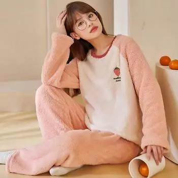 Осенне-зимние фланелевые теплые женские пижамные комплекты с длинным рукавом, женская одежда для сна, разноцветная вышивка, комплект из двух предметов, пижама, домашняя одежда из кораллового бархата M
