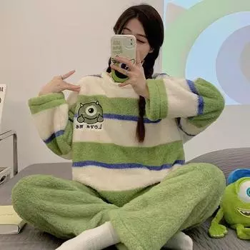 Осенне-зимние фланелевые теплые женские пижамные комплекты с длинным рукавом, женская одежда для сна, милый мультяшный принт, комплект из двух предметов, пижама из кораллового бархата, домашняя одежда M белый