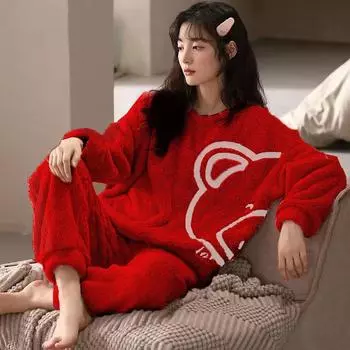 Осенне-зимние фланелевые теплые женские пижамные комплекты с длинными рукавами, женская одежда для сна, милый красный комплект из двух предметов с рисунком медведя из мультфильма, пижама из кораллового бархата, домашняя одежда M белый