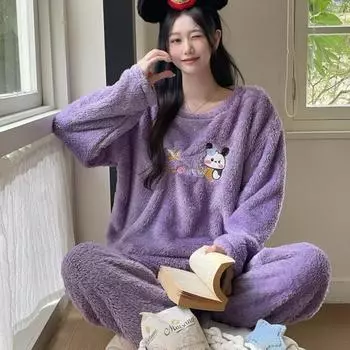 Осенне-зимние фланелевые теплые женские пижамные комплекты с длинным рукавом, женская одежда для сна, милый комплект из двух предметов с героями мультфильмов, пижама для молодой девушки, коралловая бархатная пижама, домашняя одежда M
