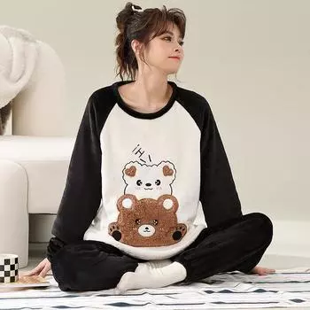 Осенне-зимние фланелевые теплые женские пижамные комплекты с длинными рукавами, женская пижама с милым мультяшным медведем, комплект из двух частей, пижама из кораллового бархата, домашняя одежда M чёрный