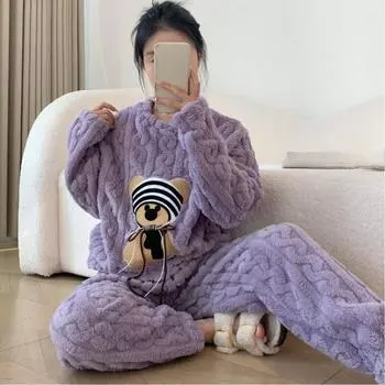 Осенне-зимние фланелевые теплые женские пижамные комплекты с длинными рукавами, женская пижама с милым мультяшным медведем, комплект из двух предметов, пижамный комплект из кораллового бархата, домашняя одежда M