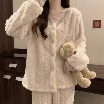 Осенне-зимние фланелевые женские пижамные комплекты из 2 предметов с контрастным кружевом и вырезами, домашняя одежда из бархата, милый кардиган с V-образным вырезом, пижама M