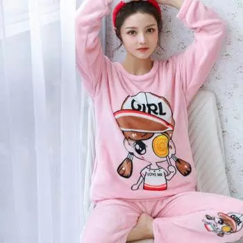 Осенне-зимние фланелевые женские пижамные комплекты с милым рисунком из бархата, теплая пижама для молодых девушек, пижама Mujer, 2 предмета, домашняя одежда M