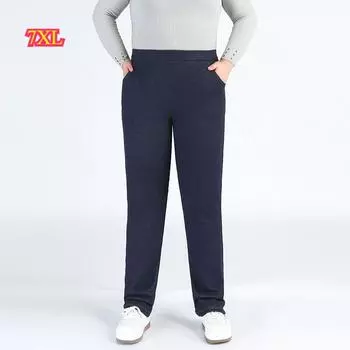 Осенне-зимние флисовые брюки женские тонкие утолщенные леггинсы теплые большие размеры 7XL растягивающиеся свободные женские брюки 7XL чёрный